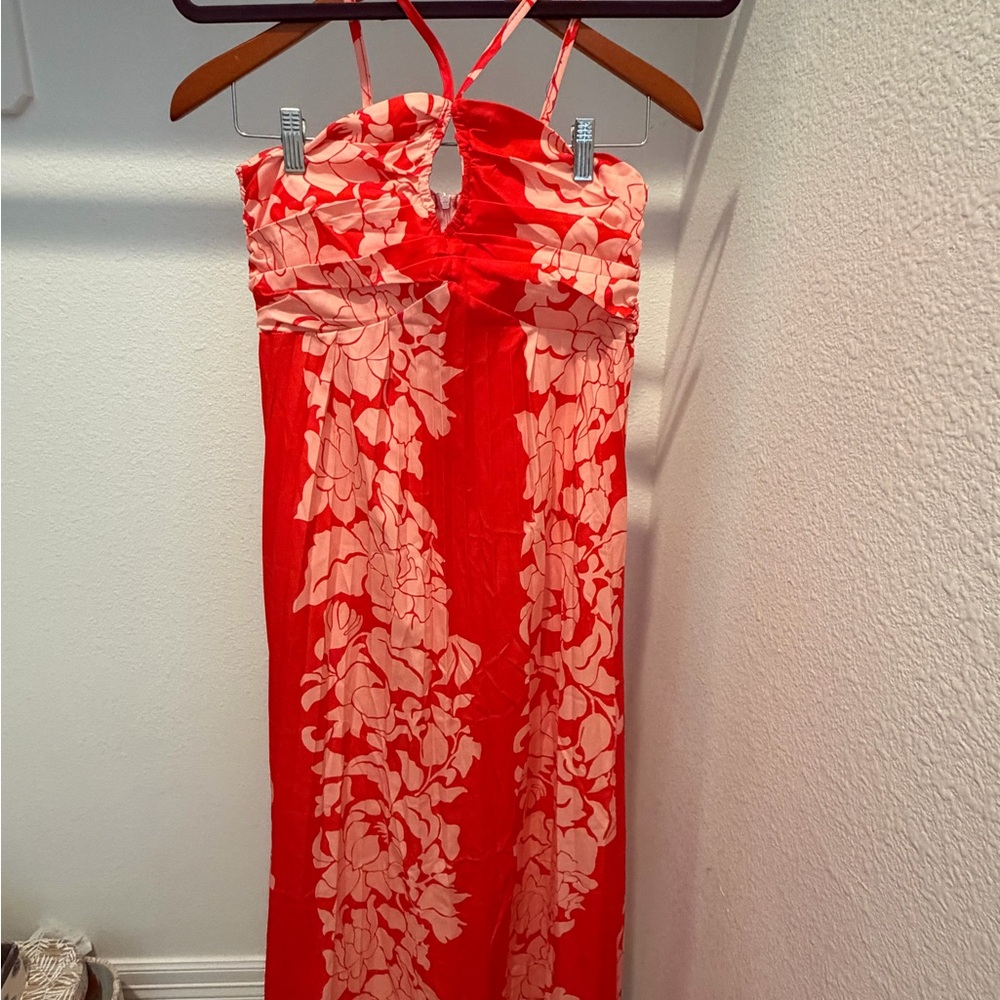 Red Floral Midi Dress Spaghetti Straps Summer